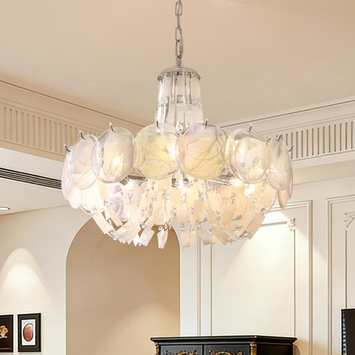 法式烟雾玻璃吊灯贝壳灯主卧室灯中古风温馨浪漫粉色房间灯高级感