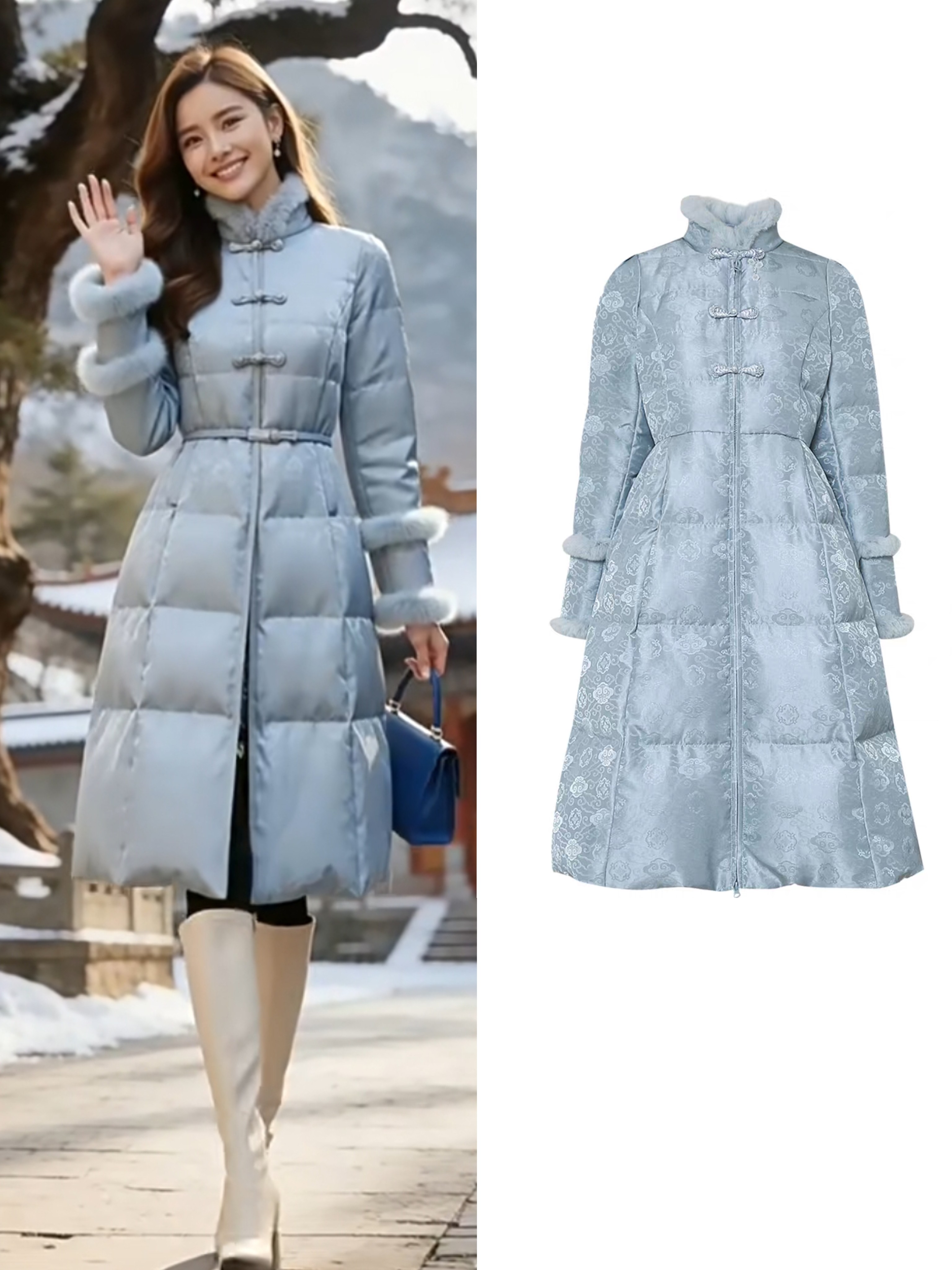 2025冬季新款高领收腰A字中长款国风提花貂毛条装饰羽绒服外套女