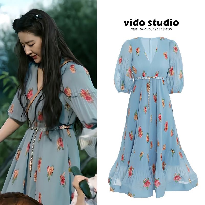 去有风的地方刘亦菲许红豆同款蓝色碎花法式V领连衣裙泡泡袖裙子