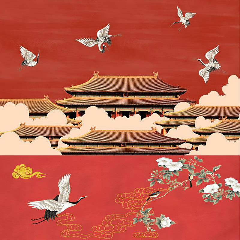 新中式飞鹤背景墙纸 客厅国潮仙鹤祥云壁布 中国风故宫墙红色墙布