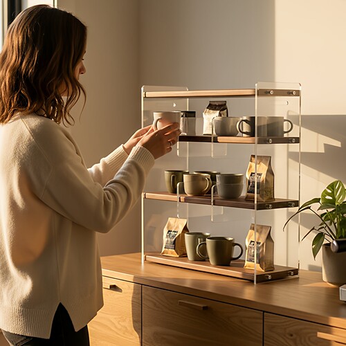 实木中古风格子桌面茶具展示架