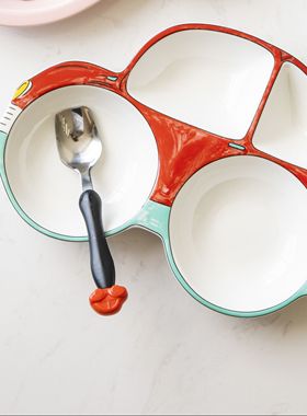 景德镇儿童陶瓷分格餐盘西餐子红色小汽车餐具 高温健康 可开发票