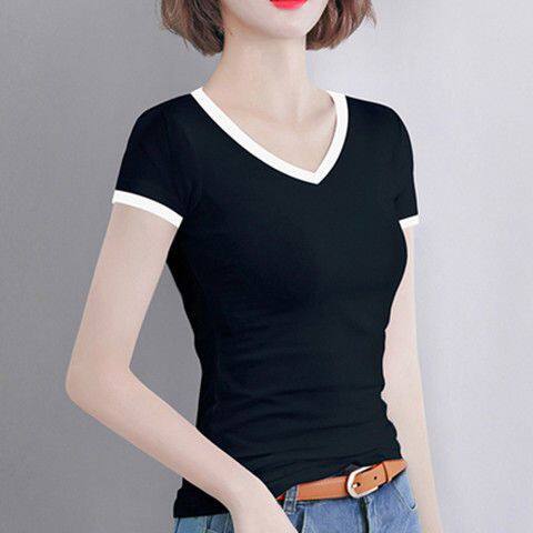 莫代尔棉夏装修身半短袖t恤女ins潮新款黑白色洋气上衣打底衫体桖