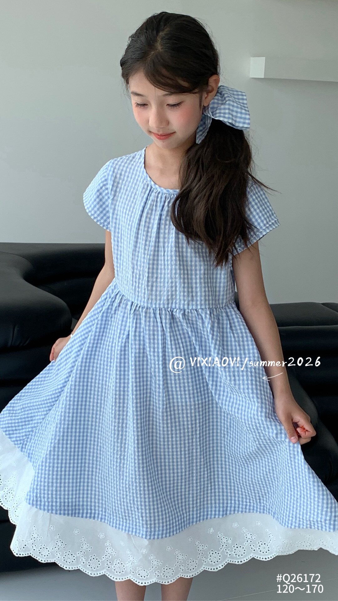 女童无袖背心裙子女大童格子连衣裙夏季儿童公主裙蓝格子长棉布
