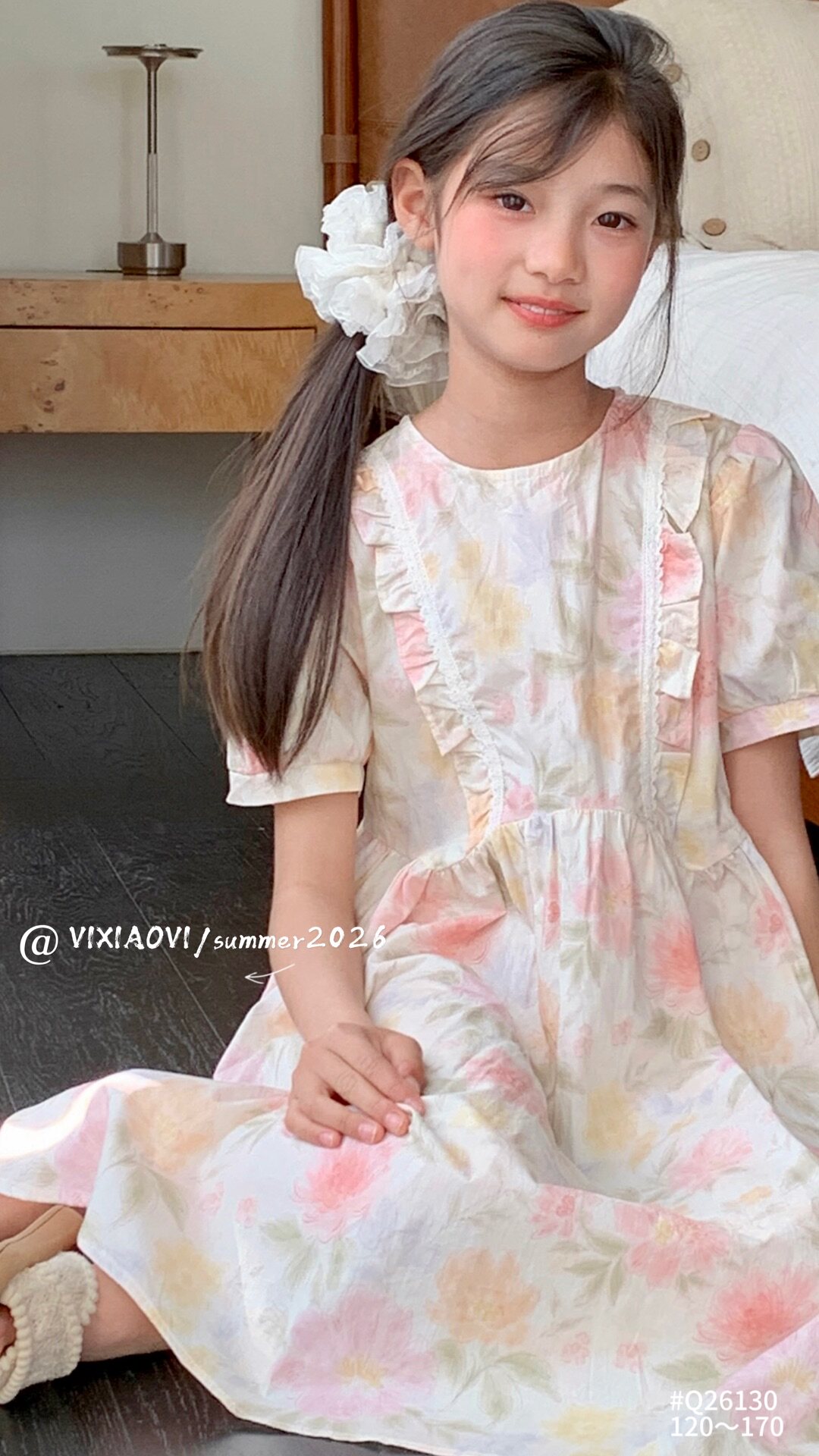夏季120-170码圆领碎花裙小清新大女孩的夏天可亲子棉布裙中长款