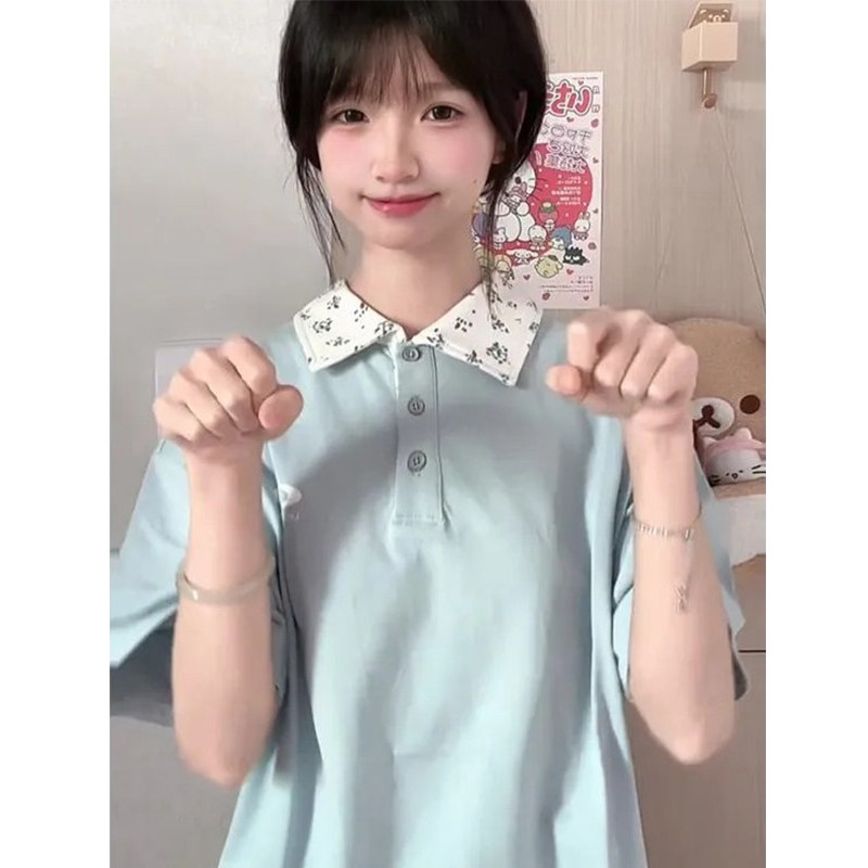 蓝色碎花polo衫短袖t恤女大童夏季新款初中高中学生宽松半袖上衣