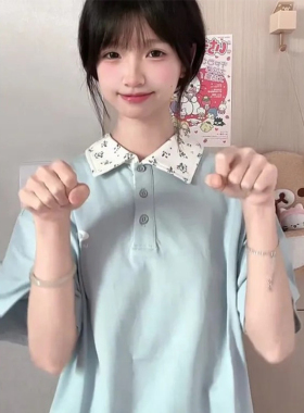 蓝色碎花polo衫短袖t恤女大童夏季新款初中高中学生宽松半袖上衣