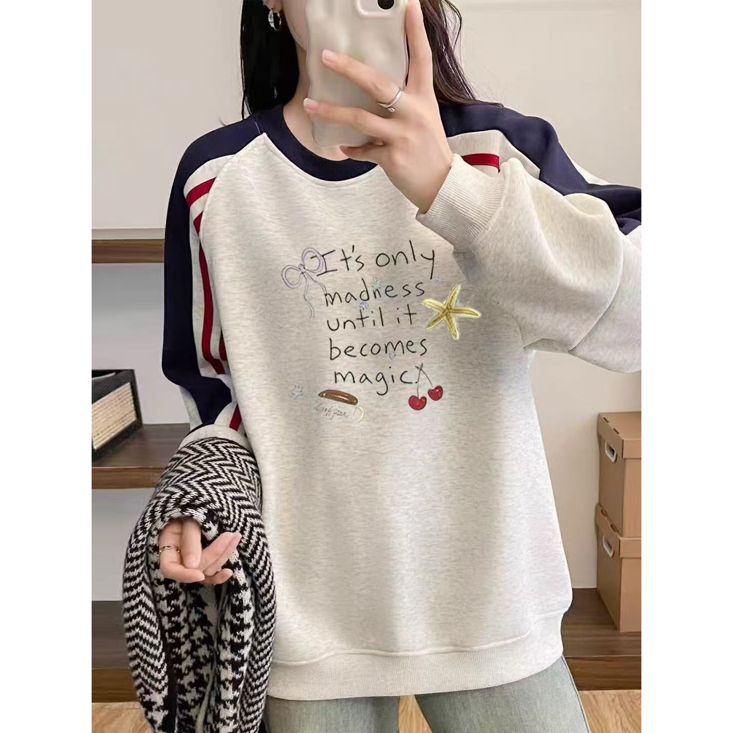 美式拼色插肩卫衣少女大童春秋薄款初中高中学生宽松圆领加绒外套