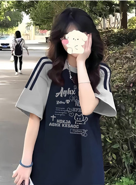 美式复古三条杠插肩短袖t恤女大童夏装2026初中高中学生宽松上衣