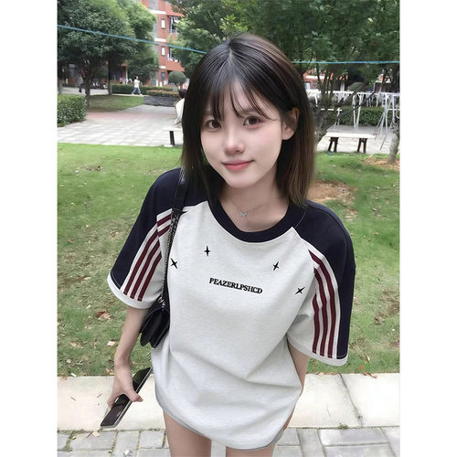 美式插肩三条杠短袖t恤女大童夏季新款初中高中学生宽松半袖上衣