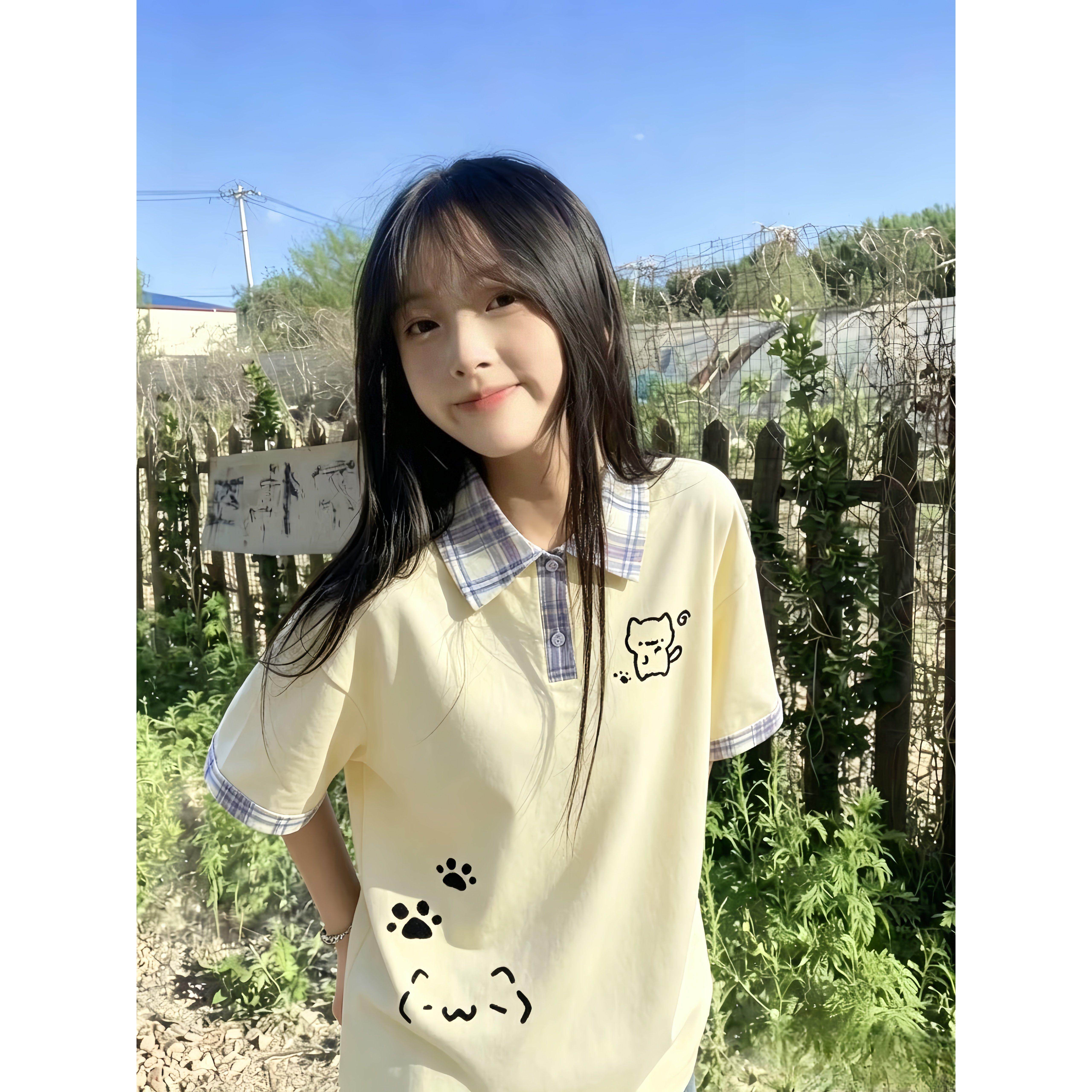学院风假两件polo衫短袖t恤女大童夏季初中高中学生宽松半袖上衣