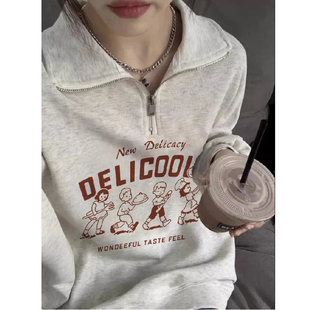 学院风长袖Polo领半拉链卫衣女大童春秋加厚初中高中学生宽松上衣