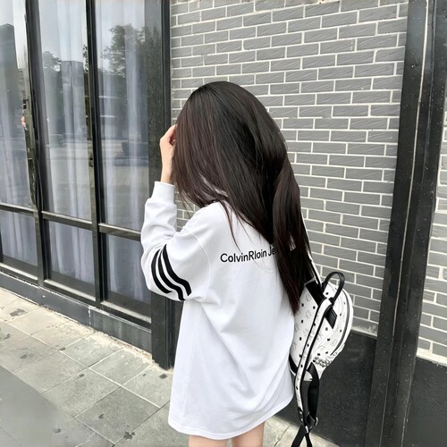 美式高街白色纯棉长袖T恤女大童春秋初中高中学生宽松打底衫上衣
