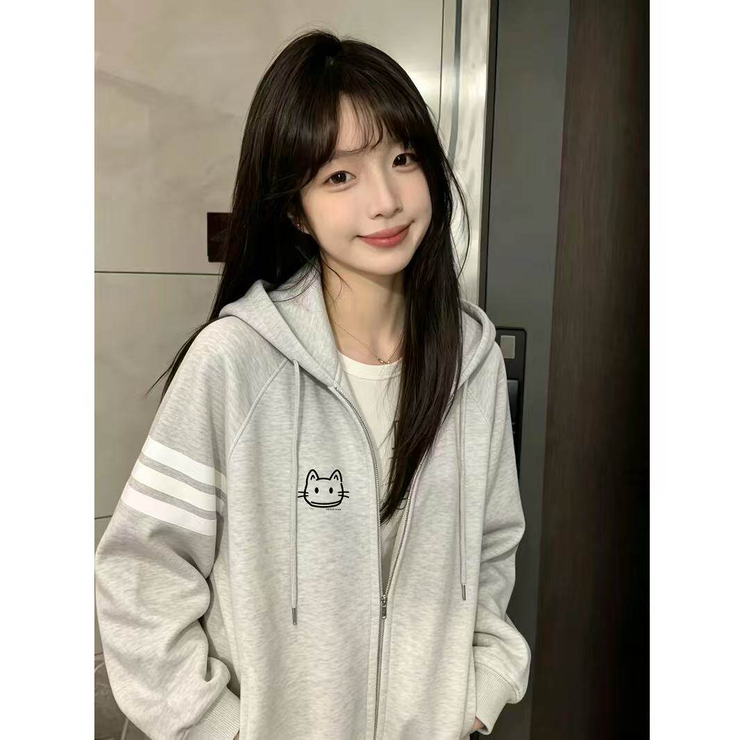 美式少女三条杠连帽外套女秋冬初中高中学生美式宽松oversize外套