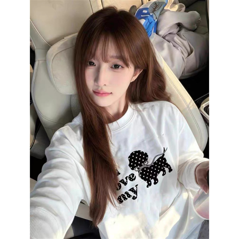 白色纯棉重磅长袖T恤女大童秋季新款初中高中学生宽松圆领打底衫图片