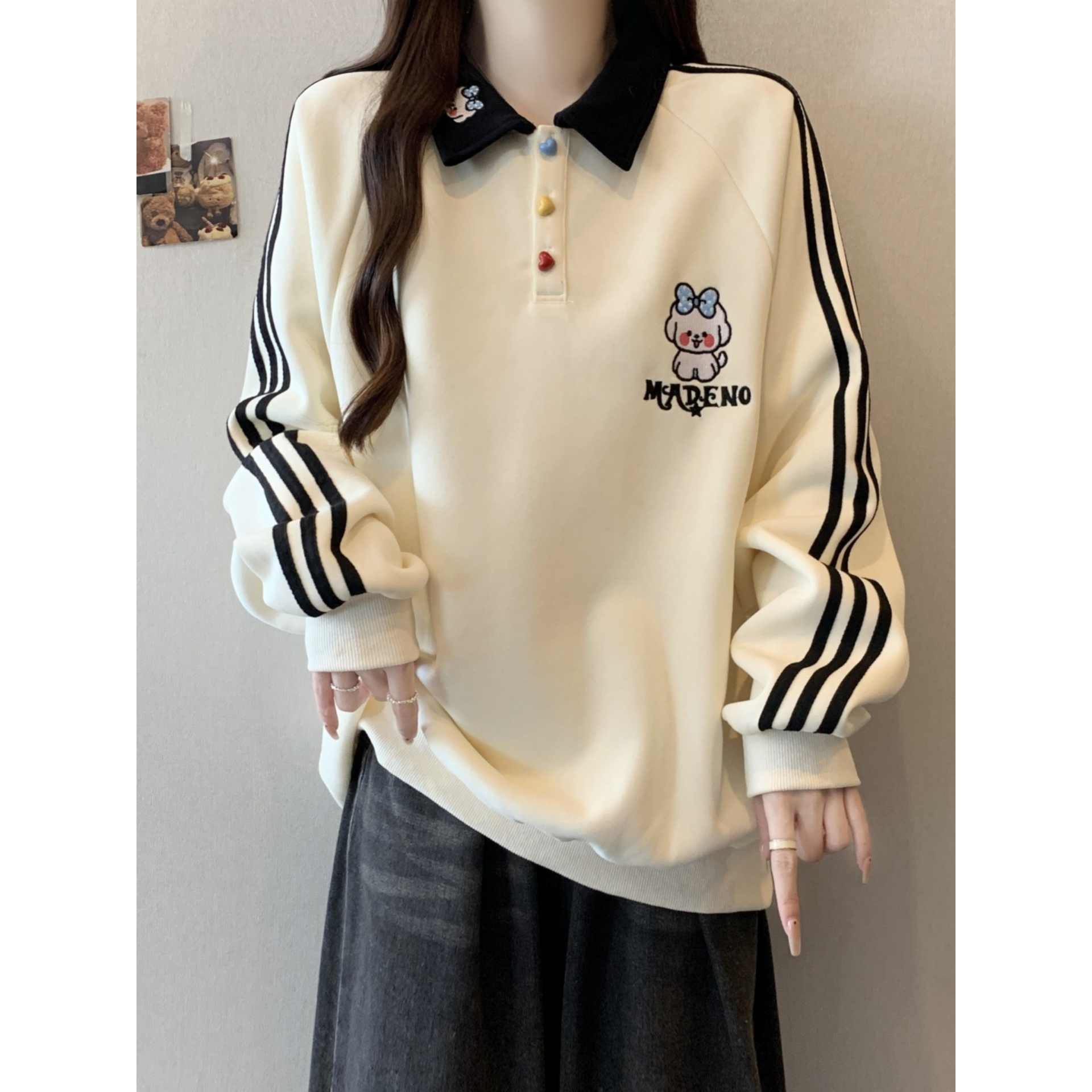 学院风条纹刺绣polo领卫衣女大童春秋薄款初中高中学生宽松上衣服