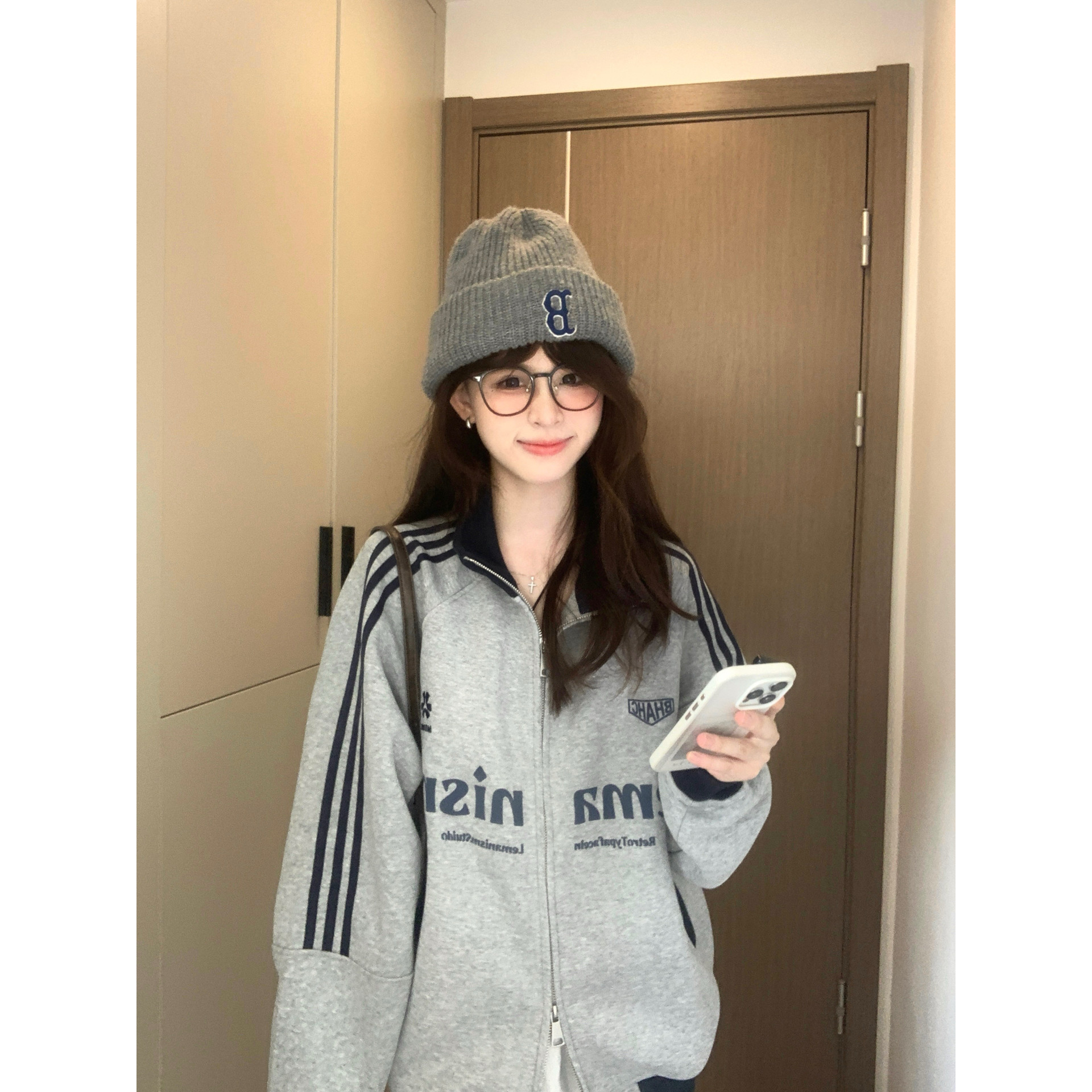 美式三条杠立领开衫卫衣女大童秋冬新款初中高中学生宽松夹克外套