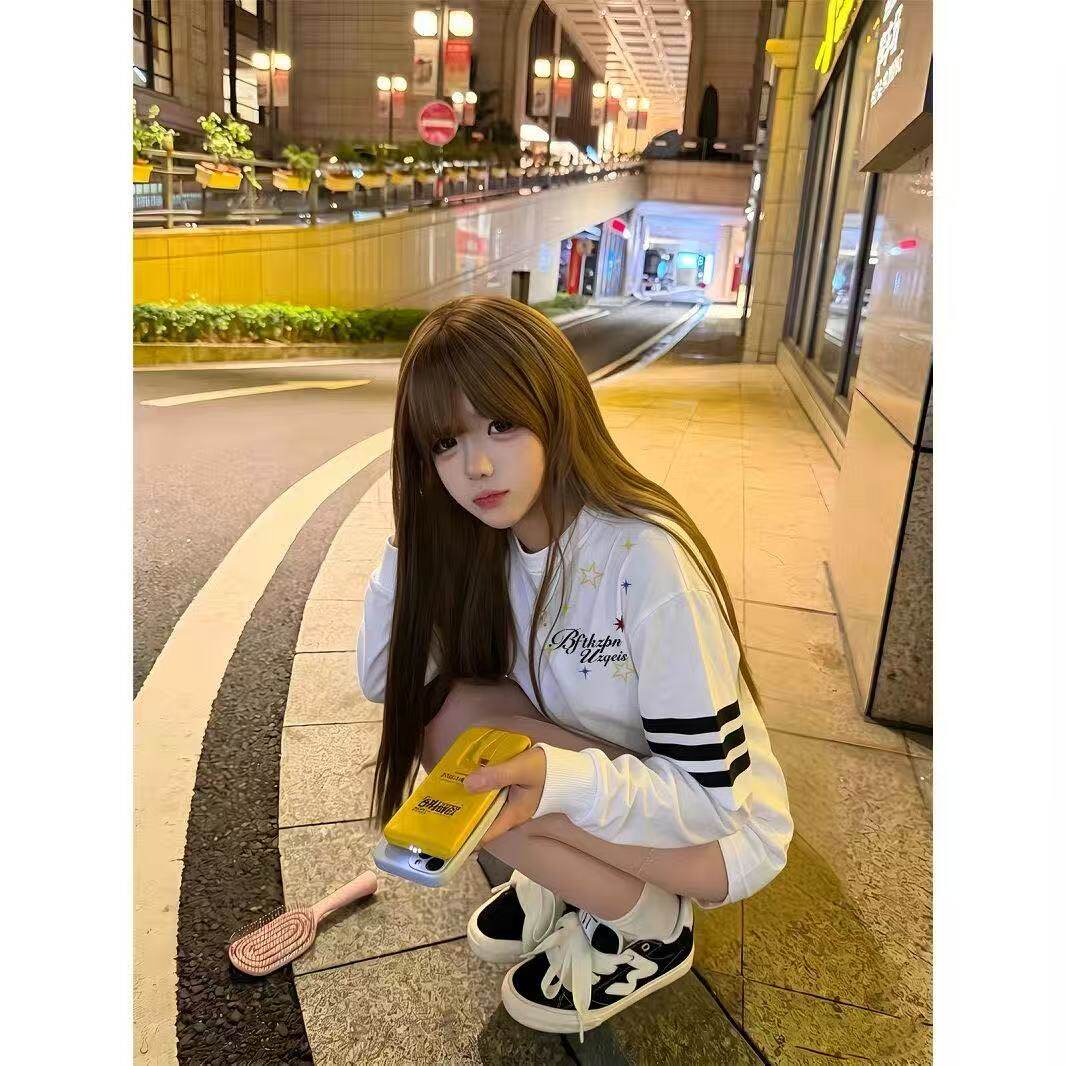 美式潮牌白色爆款纯棉长袖T恤女大童初中高中学生宽松打底衫上衣
