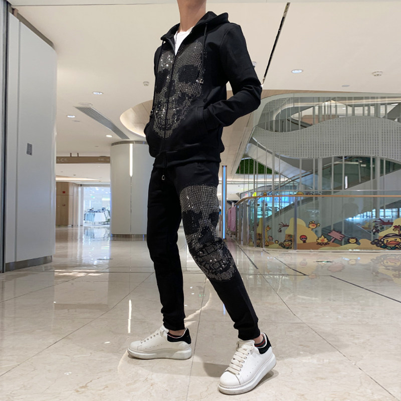 秋冬季潮牌烫钻骷髅头卫衣套装男开衫连帽休闲运动两件套加绒加厚