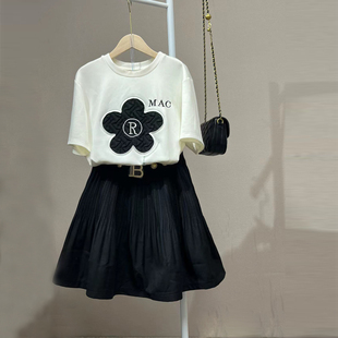 韩版 宽松百搭T恤两件套 裙设计感女2025春秋新款 百褶裙短裙套装