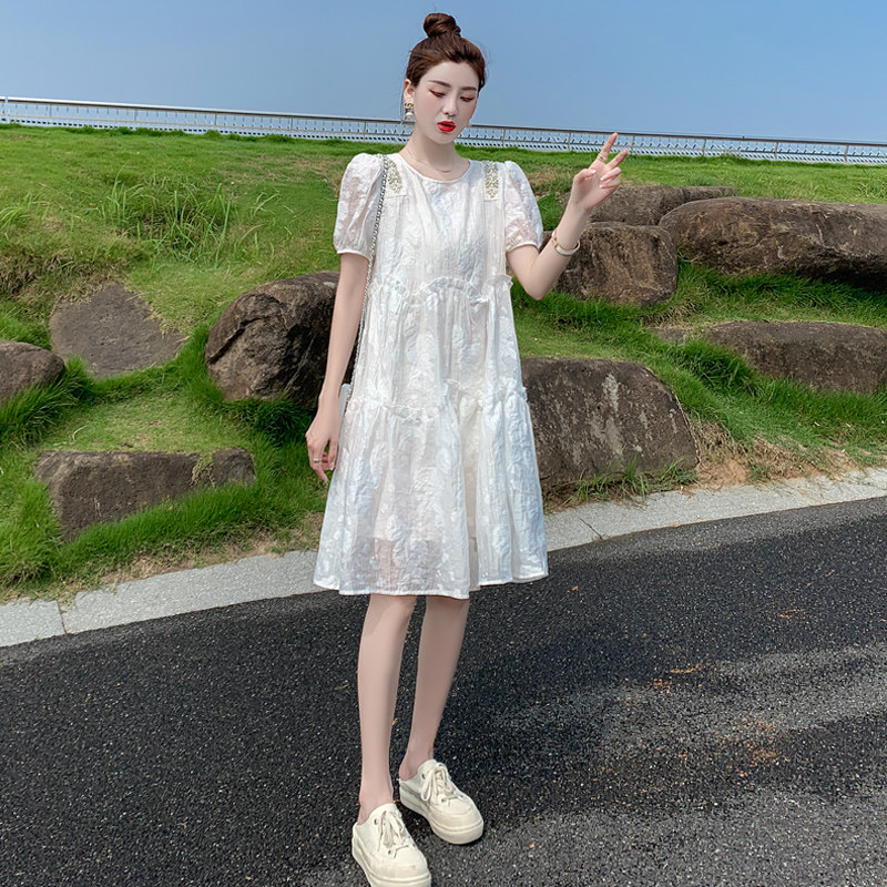 白色连衣裙女2023新款法式小众宽松休闲高级感a字娃娃裙连衣裙夏
