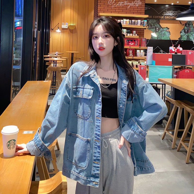 Korean version BF style loose and versatile large pocket Denim Jacket Women's casual jacket denim jacket fashion