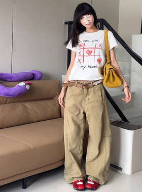 卡其色牛仔裤女高腰宽松显瘦阔腿裤美式复古慵懒垂感直筒拖地裤子