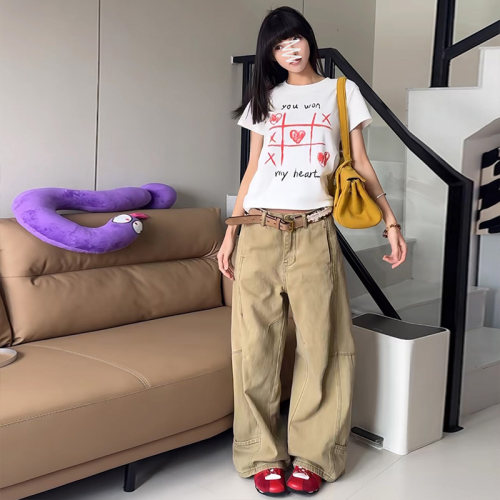卡其色阔腿牛仔裤美式复古直筒裤
