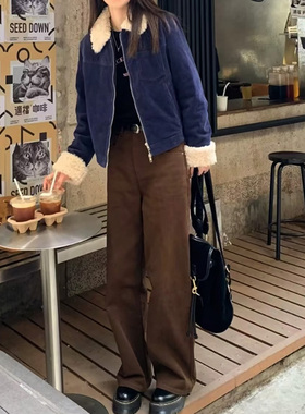 复古棕咖色直筒牛仔裤女秋季美拉德宽松高腰显瘦美式拖地阔腿裤子