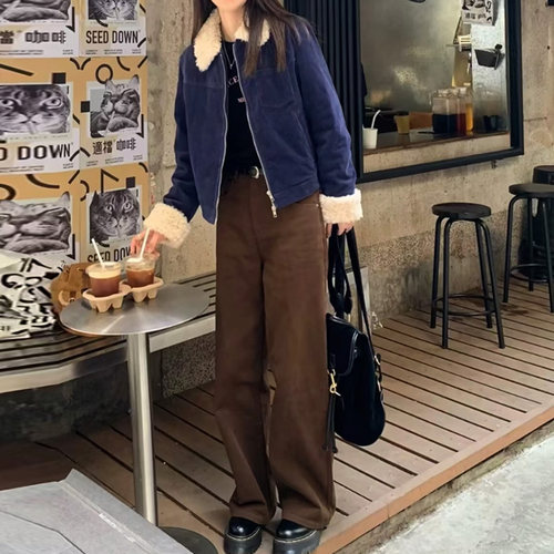棕咖色阔腿牛仔裤美式高腰直筒裤