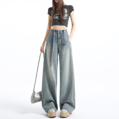 高腰复古阔腿牛仔裤直筒宽松显瘦