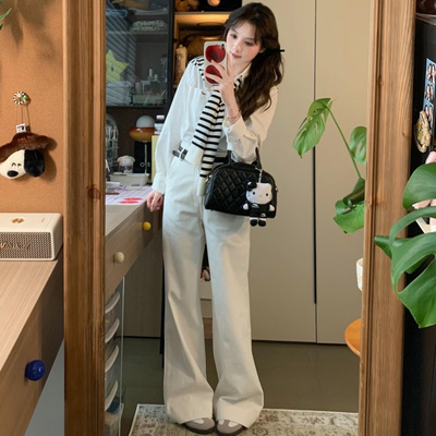 白色高腰宽松阔腿牛仔裤直筒显瘦