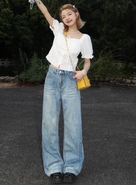 美式复古牛仔裤女2025秋冬水洗高腰宽松显瘦阔腿裤浅蓝直筒拖地裤