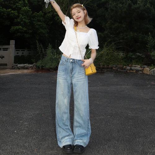 美式复古高腰牛仔裤显瘦阔腿裤