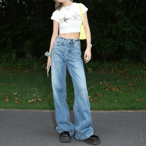高腰直筒牛仔裤美式窄版阔腿裤