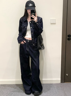 深蓝色丹宁牛仔裤女秋冬季加绒阔腿裤高腰宽松显瘦美式复古直筒裤