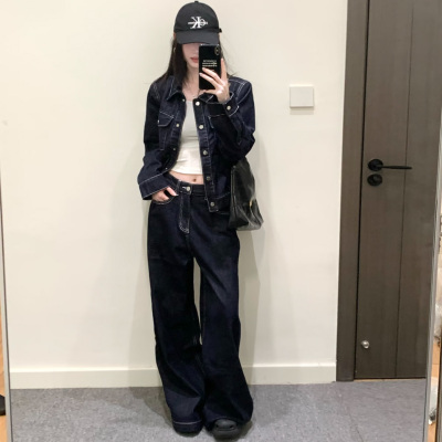 深蓝色丹宁阔腿牛仔裤高腰直筒裤