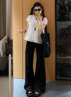 美式复古微喇牛仔裤女秋季新款显瘦弹力辣妹百搭黑色低腰喇叭裤