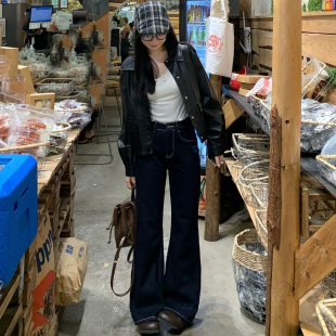 拖地裤 女高腰宽松显瘦丹宁不贴腿喇叭裤 复古微喇牛仔裤 深蓝色美式