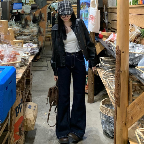 丹宁色微喇牛仔裤女高腰宽松显瘦