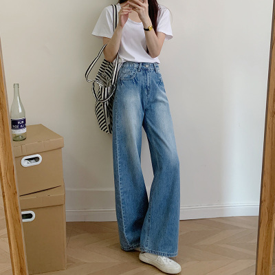 复古水洗蓝牛仔裤宽松显瘦阔腿裤