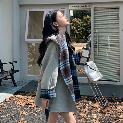 韩系2025新款秋冬蓝色格子双面羊绒大衣短款女两面穿羊毛格纹外套