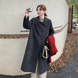 实拍时尚炭黑色娃娃领双面羊绒大衣2025冬款韩系学院风羊毛呢