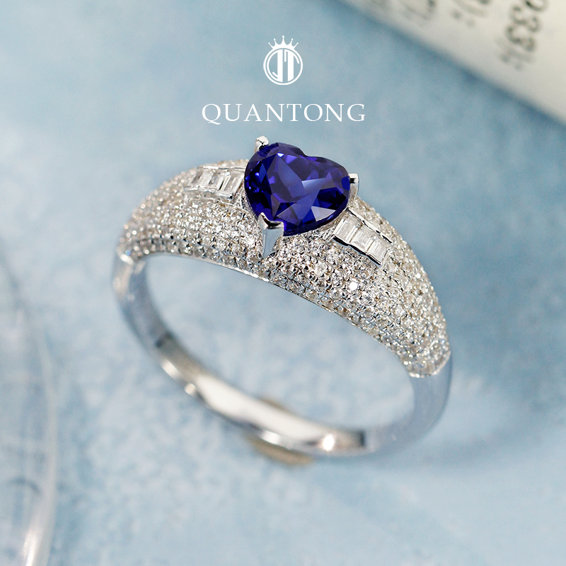 S925银培育心形蓝宝石戒指
