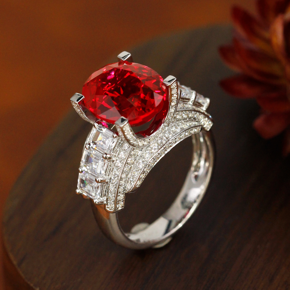 S925银培育椭圆红宝石戒指大气