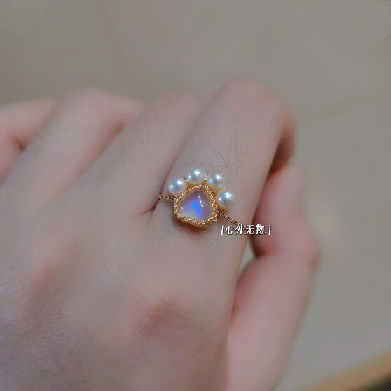 天然月光石猫爪链条戒指不限尺码可调节美国14K包金手作手饰品