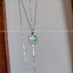 天然蓝月光石吊坠 925纯银简约百搭超精致项链锁骨链可调节原创