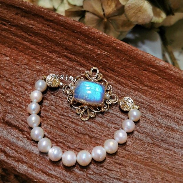 复古绕线珍珠手链女原创设计手工制作天然月光石手镯美国14k包金