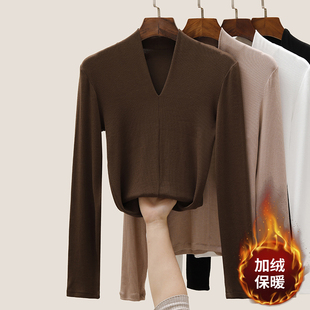 高级感V领加绒针织打底衫女小个子内搭2025冬装修身显瘦保暖上衣
