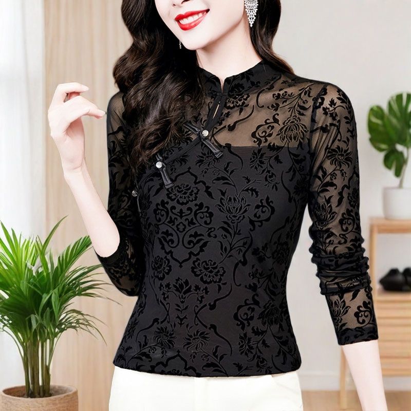 新中式国风黑色网纱长袖打底衫